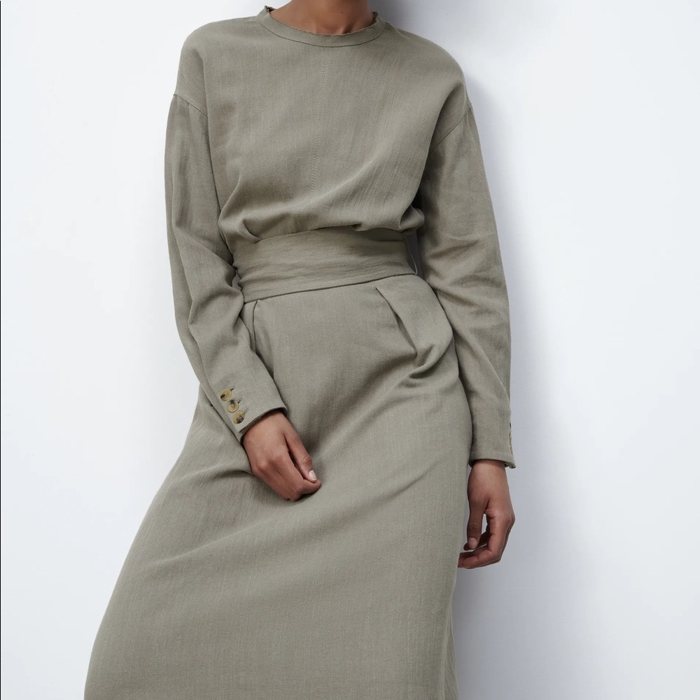 Zara LINEN BLEND MIDI DRESS w/ Tie Belt Green NEW - Picture 4 of 9
